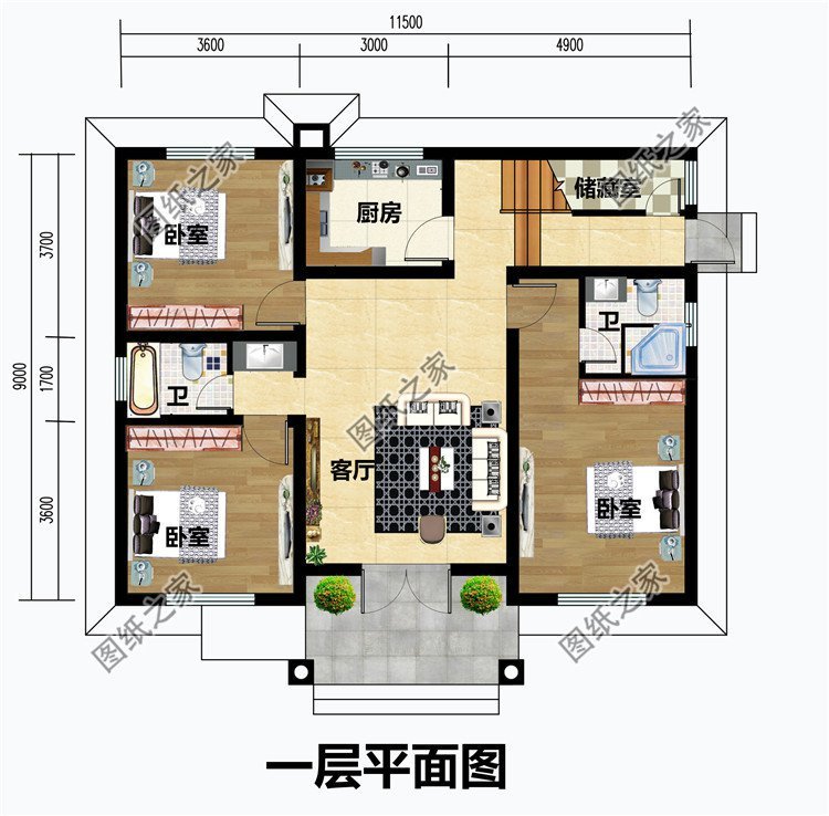 一层户型:客厅,厨房,储藏室,卧室(带卫生间),卧室x2,卫生间; 二层户型