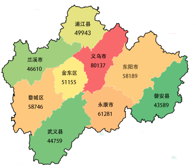 2020年 金华各县市区 居民人均可支配收入地图 2020年 2020年 金华