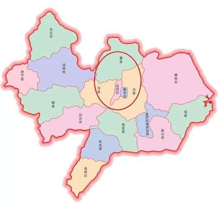区划版图可以看出,沧州市区除北部较狭窄的区域外,其他全部处于被沧县
