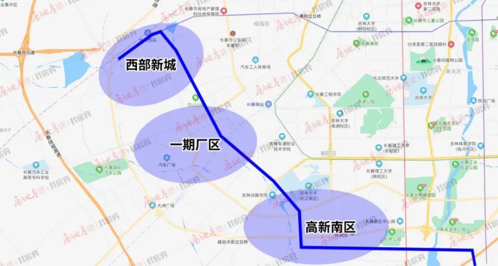 地铁6号线起始于西部新城,经过了高新南区,南部新城到净月西区,这些