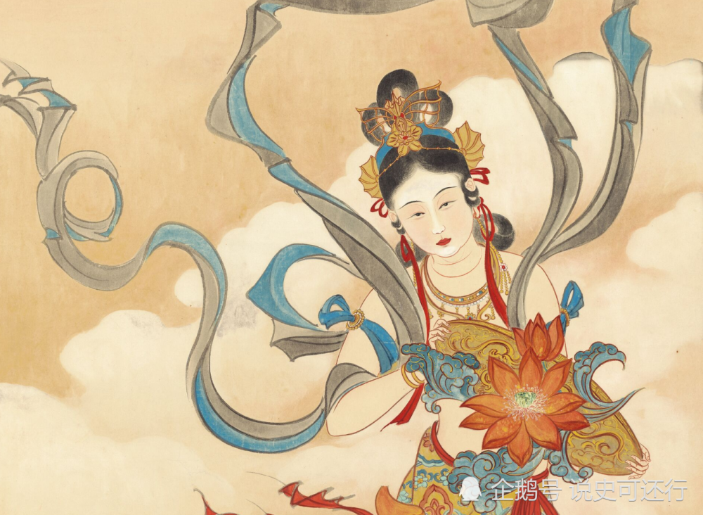 菩萨造像相当一部分原始壁画比较模糊或有缺损,这里就拿张大千临摹的