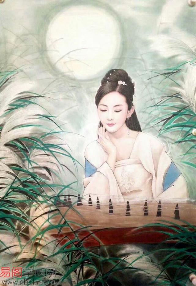 潇立工笔人物画美女图《月下抚琴》