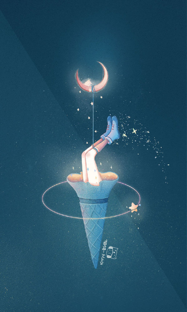 治愈插画|一组垂钓星辰大海,蓝色星空,壁纸头像