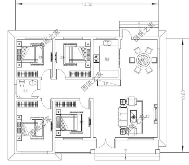 厨房,餐厅 第三款:回农村盖一层养老房别墅设计图以及户型图,面宽16米