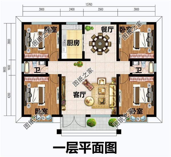 一层户型:客厅,厨房,餐厅,卧室x4,卫生间x2; 款式四:农村一层小别墅