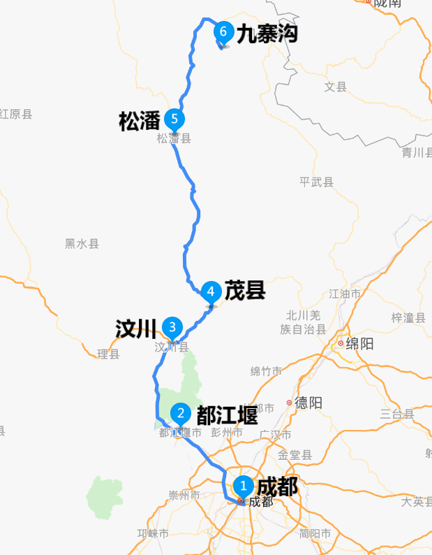 路线总览:成都 都江堰 汶川 茂县 松潘 九寨沟