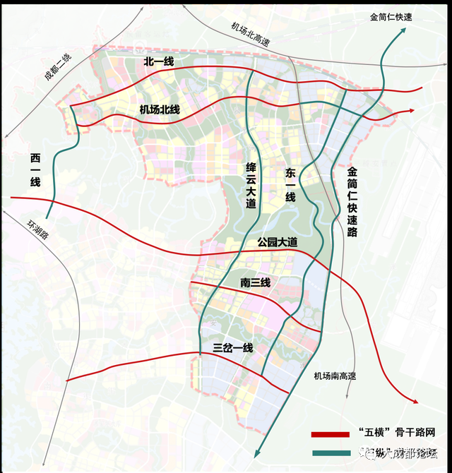 "四纵":西一线,绛云大道,东一线和金简仁快速路,共四条南北向道路.