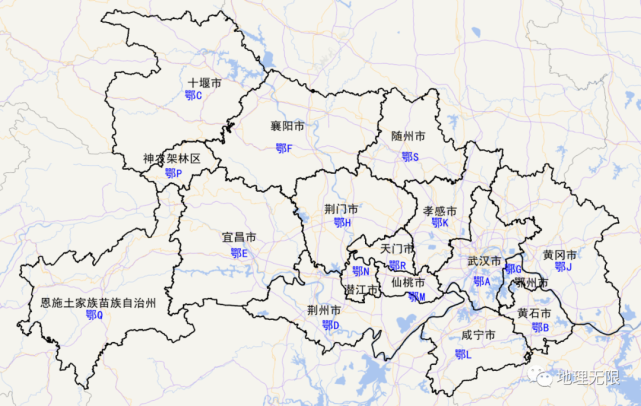 湖北省车牌号首字母分布地图3 湖北省简称"鄂",管辖12个地级市,1个