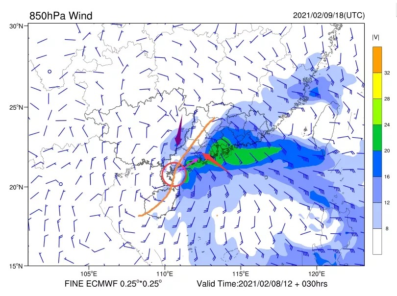 2月10日02时 ecmwf850百帕风场形势数值预报