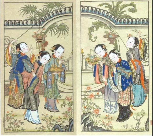 杨柳青年画《仕女游春》