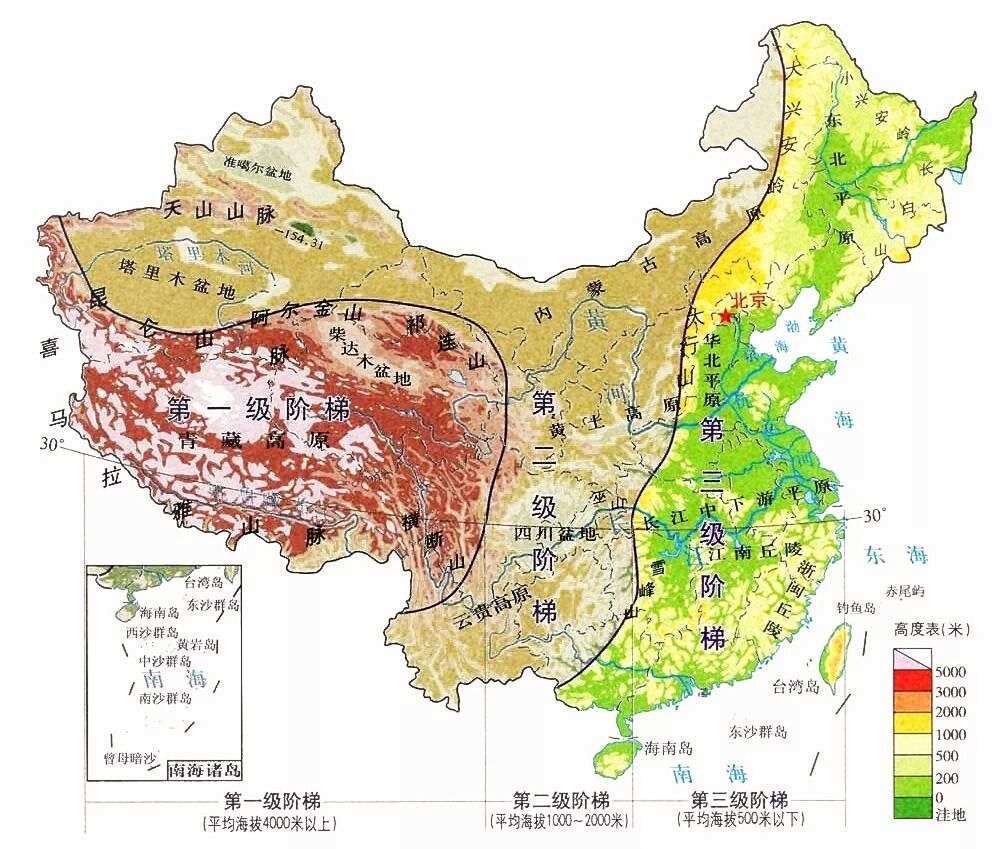 我国地势从西到东呈三级阶梯状逐级下降,海拔最高的是第一阶梯,海拔最