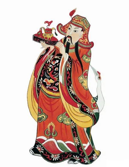 财帛星君李诡祖是一位身着锦衣,腰扎玉带,左手捧着一只金元宝,右手拿