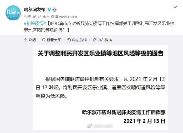 【哈尔滨市部分区域风险等级调整为中风险,哈尔滨两地调整为中风险】