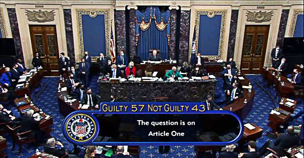 美国参议院投票结果:57票支持,43票反对,二次弹劾川普