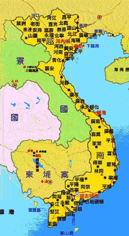 越南(标黄区域)地图,越南是东南亚的一个大国,它在中国唐末时期和中国