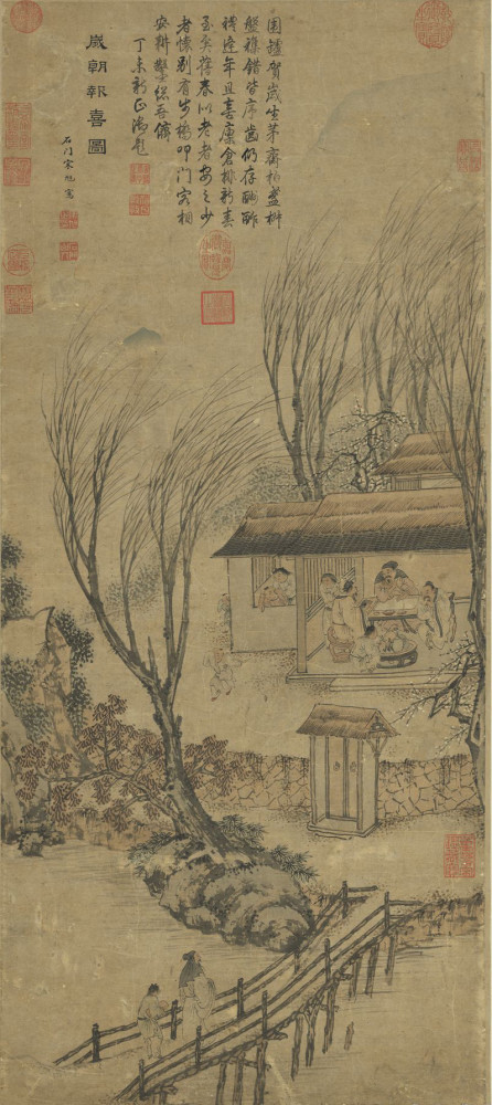 明代,宋旭《岁朝报喜图,轴,纸本墨笔浅设色,95.8x41.