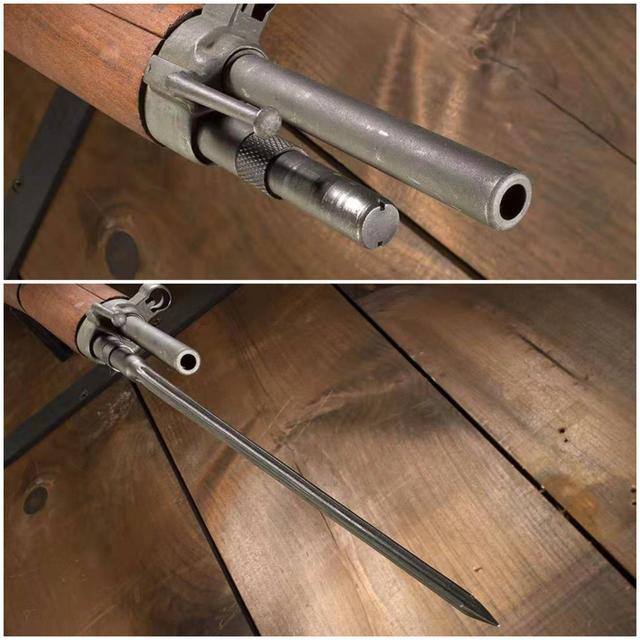 mas-36步枪的刺刀收纳状态(上)和安装状态(下),注意枪管侧面的叠垛