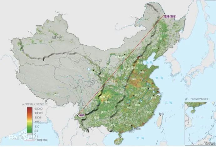 人口地理分界线——瑷珲腾冲线,也称"胡焕庸线","黑河腾冲线".