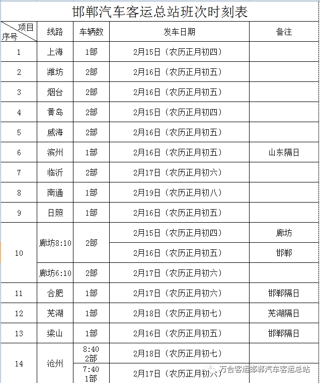 邯郸汽车客运总站班次时刻表