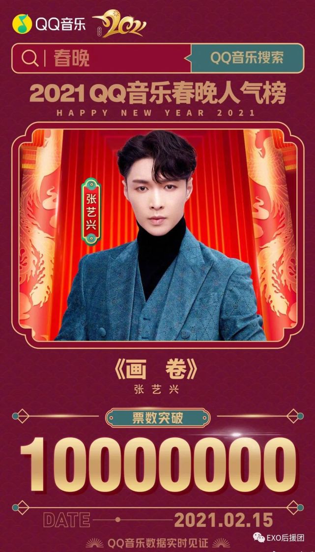 张艺兴原创歌曲《画卷》在qq音乐2021春晚人气榜乐力