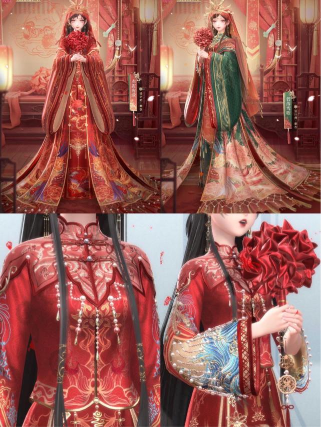 赤霞鸾歌是闪耀暖暖出的第一套中式婚纱套装,所以花了很多心思,凤冠