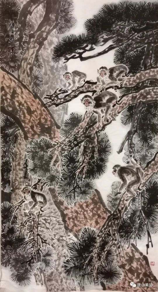 松林群猴图 张俊来 中国画 180×95cm