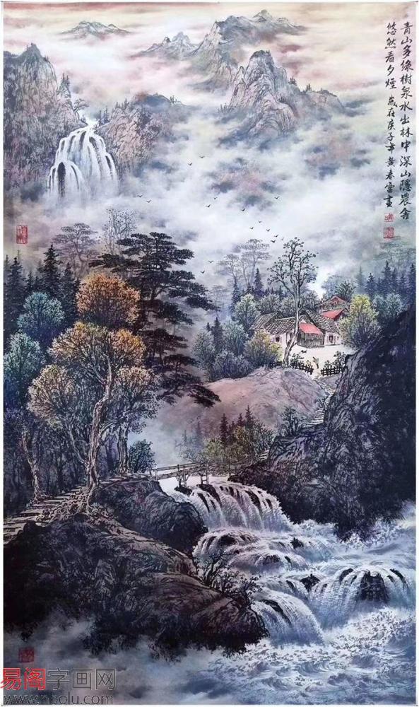 黄春雷写意山水画四尺竖幅《青山多绿树》