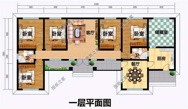 卧室x4,书房,储藏室,厨房,餐厅,卫生间; 户型三:农村一层仿古别墅设计