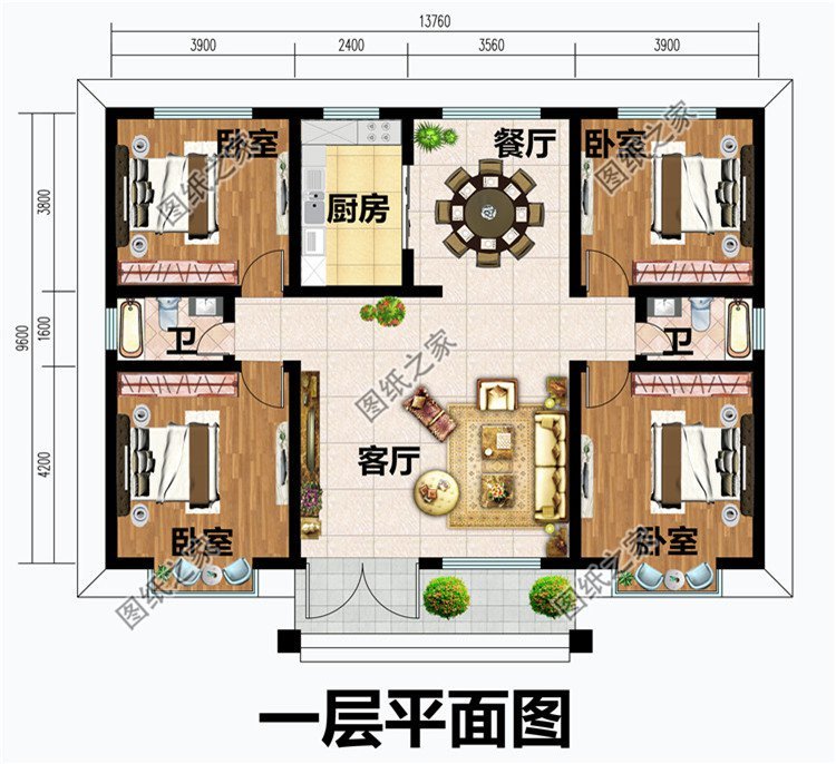 餐厅,卧室x4,卫生间x2 第三款:农村一层带小院房屋设计图以及户型图