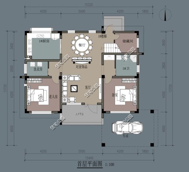 开间15米,进深13米,新中式两层半自建房,该怎么设计?