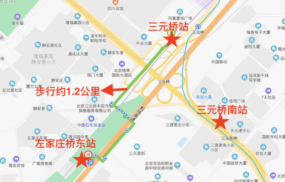 三元桥公交站周边情况/记者制图 在这次调整中,京密路上的"三元桥"站