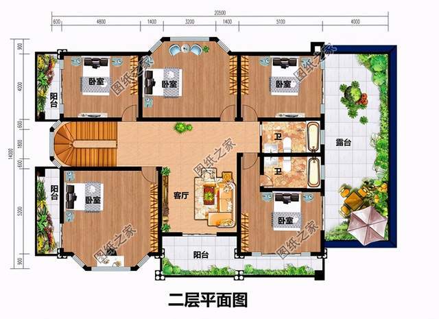 卧室(带卫生间),卫生间,阳台x3,露台; 方案二:农村二层别墅设计图,带
