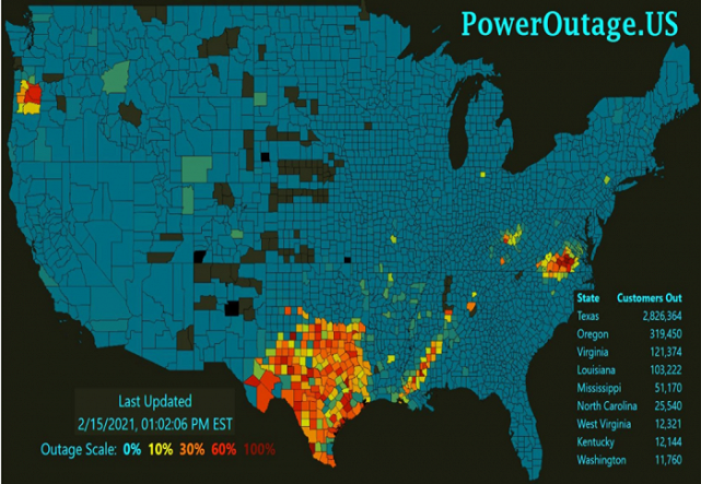 得州在2月16日的停电地图上一枝独秀(图源:poweroutage.