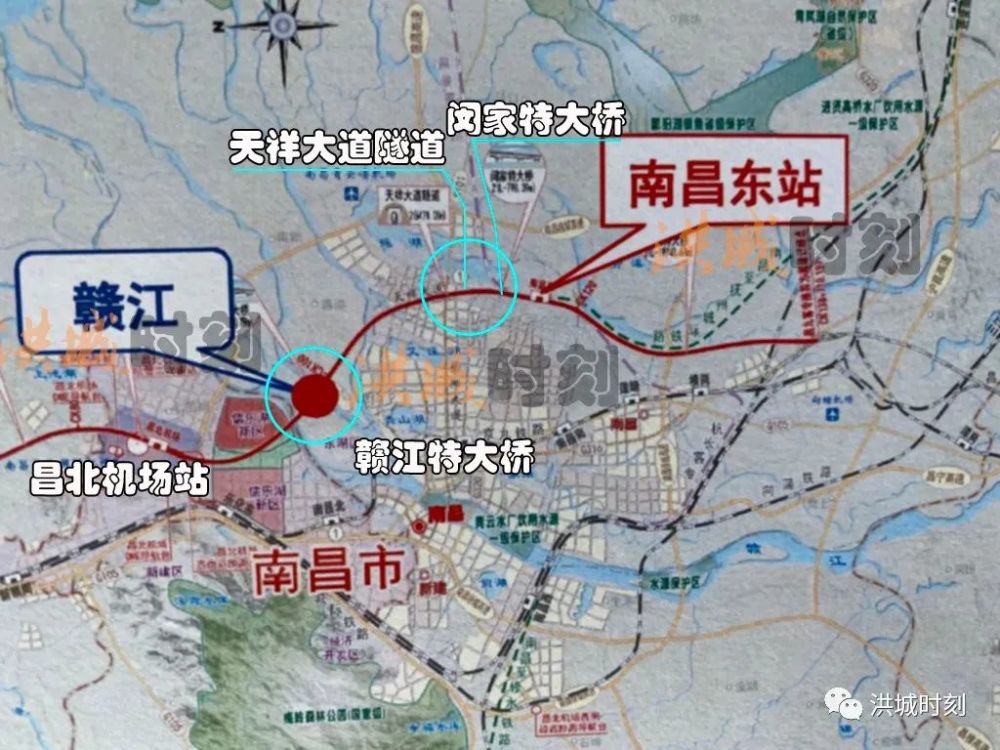 其中在南昌区域内 该铁路线路折向西南 跨越昌九大道后降坡至昌北机场