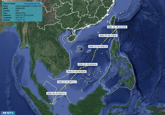 根据智库南海战略态势感知倡议的数据,无瑕号曾在2020年6月30日到7月6