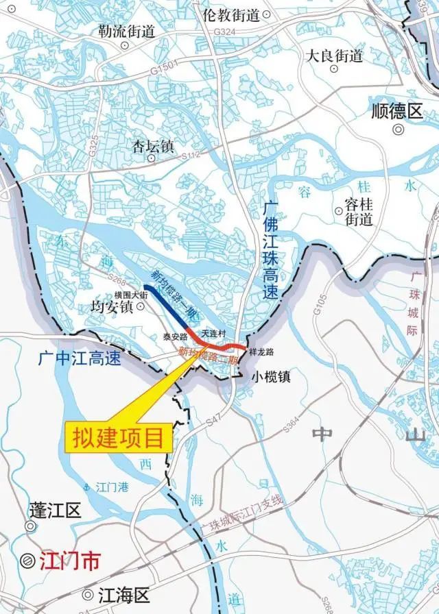 佛山市新均榄路二期工程为广东省重点建设项目,其路线起于顺德区均安