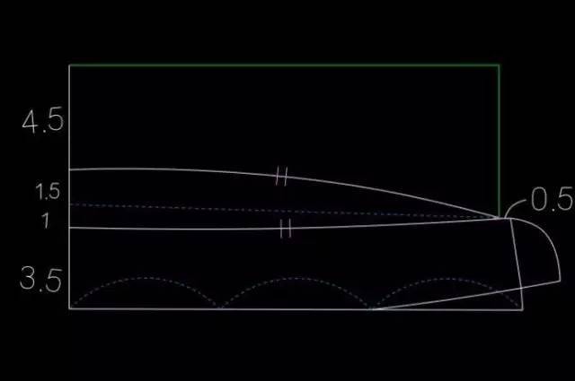 3.在领中线上量出4.5的领面宽,并接出长方形的辅助轮廓