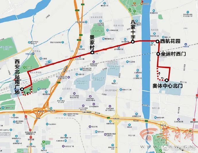全运1号线去程由西安北站南广场发车,经西安北站东迎宾匝道,元光东路