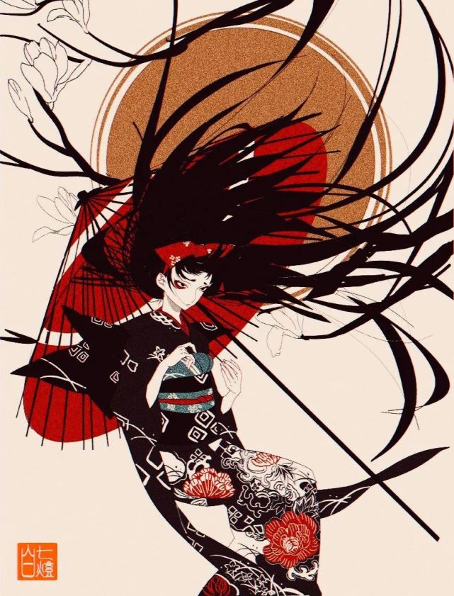 插画日式浮世绘和服少女华丽精致画风