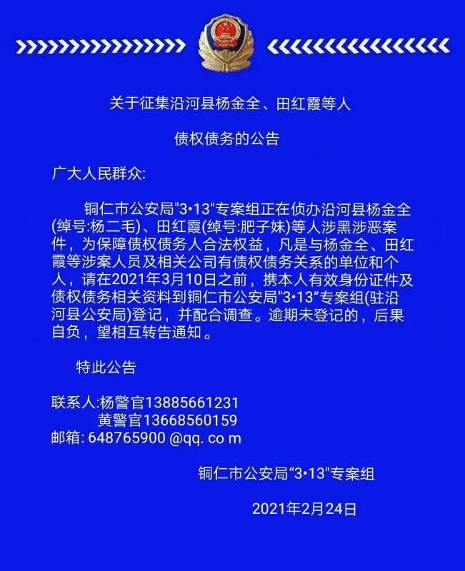 关于征集沿河县杨金全,田红霞等人债权债务的公告