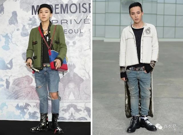 权志龙喜欢搭做旧的破洞牛仔裤,给香奈儿混入了grunge style.