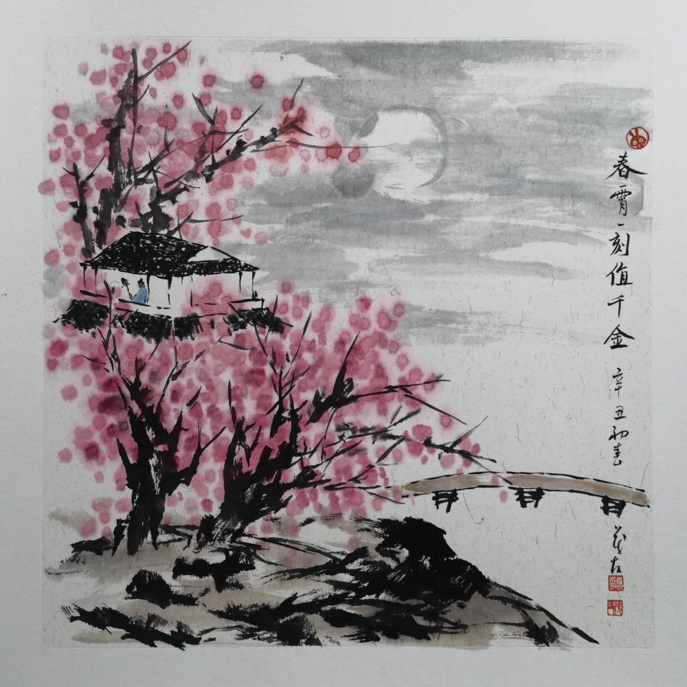 春拥桃花坞蔡茂友辛丑年水墨山水画作品欣赏