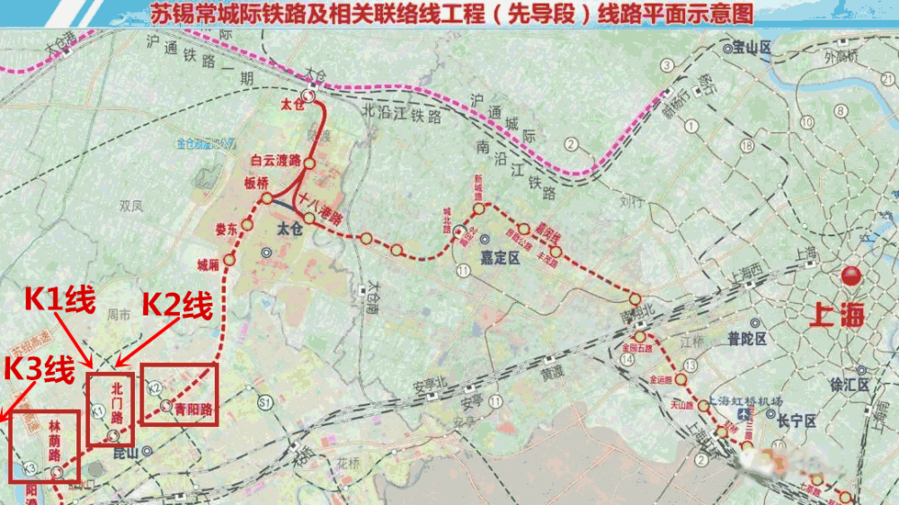 苏锡常城际先导段线路平面示意图显示 k1线与苏锡常城际铁路在北门路