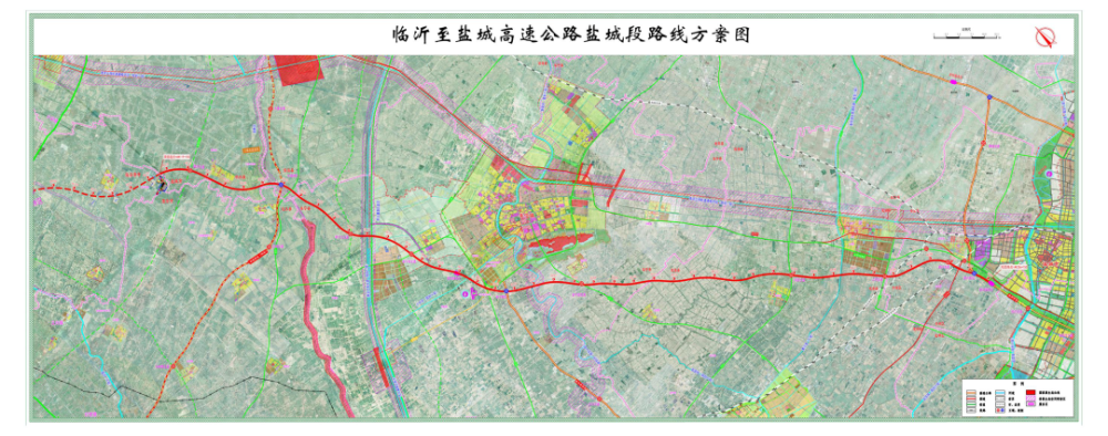 于上冈镇西侧与新长铁路和徐宿淮盐高铁相交,终点止于盐靖高速,采用