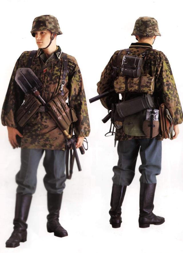 尤其是党卫军还大量装备了迷彩作战服,以上是德军装备的几种迷彩服