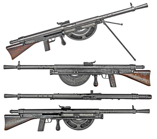 从不同角度观察m1915绍沙轻机枪,采用直线式枪托和手枪型握把,结构