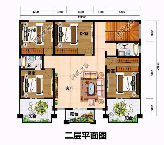 美观且实用;二层四间卧室,足够满足一家人的住房需求,总体功能设计