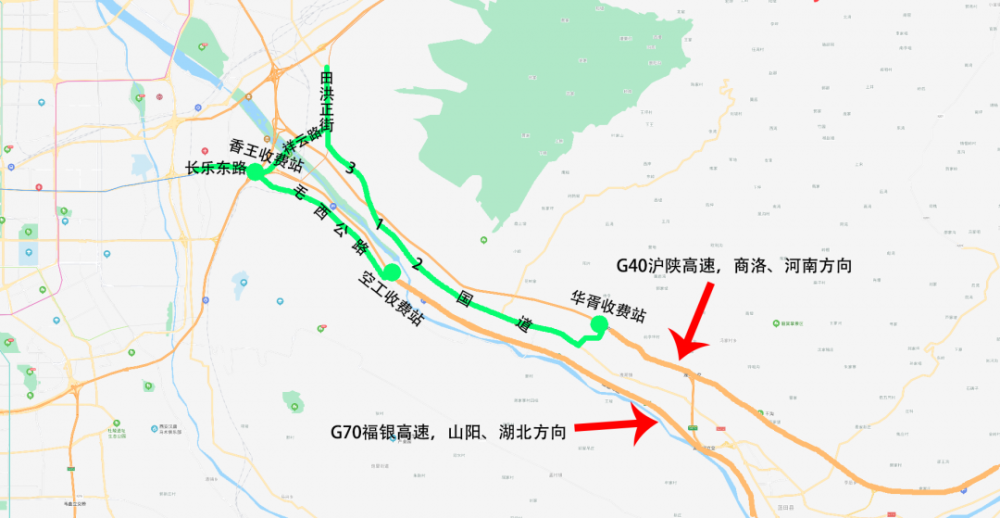 分流线路12:蓝商高速(g70)通过空工收费站,毛西公路,长乐东路或通