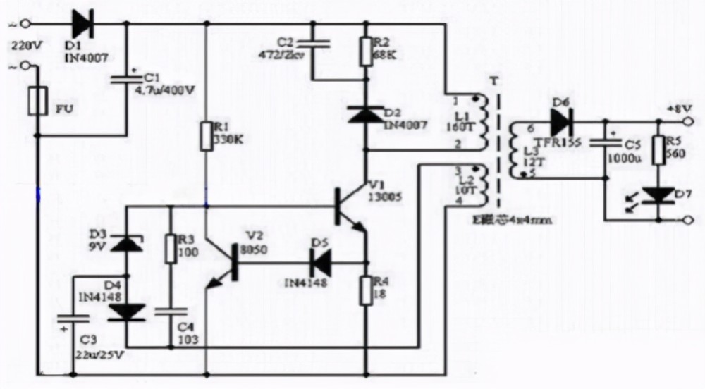 1,市电经d1整流及c1滤波后得到约300v的直流电压加在变压器的脚(l1的