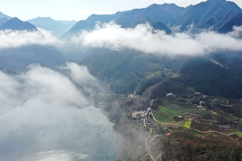 3月2日,湖北省襄阳市保康县寺坪镇台口村出现云海景观,山峦,民居,河流